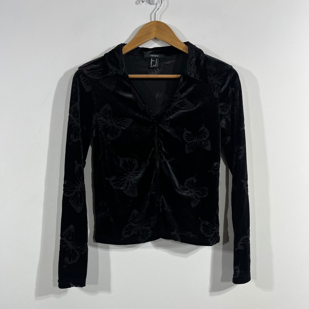 Forever 21 Y2K Black Velvet Burnout Butterfly‎ Ruched Top Womens Medium Witchy